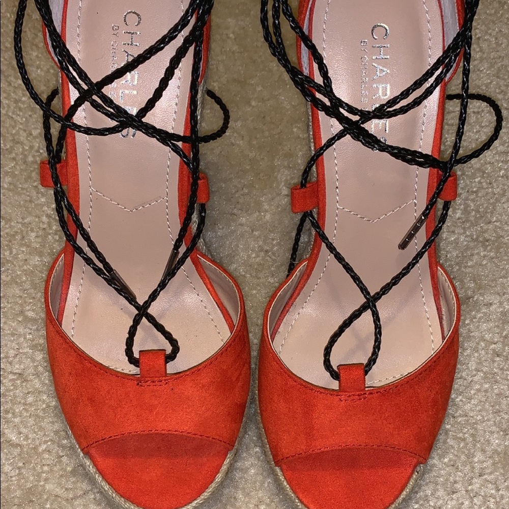 Red strappy leg open toed heel